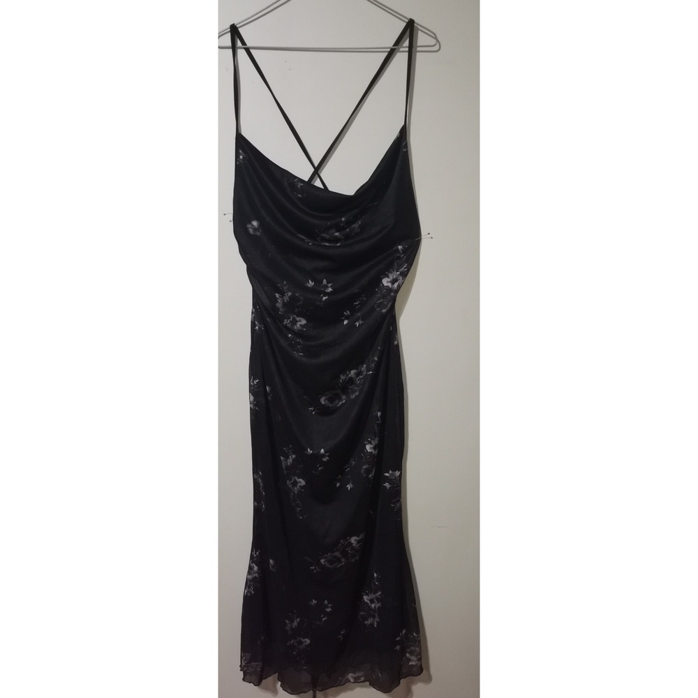 ROMWE Black Floral Mesh Cowl Neck Midi Dress XL NWT Crisscross Back Slim Fit